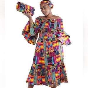 Dramatic sleeve 3 piece dress set with bag